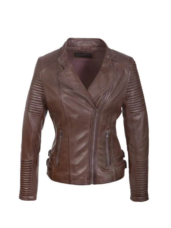 Women leather biker jacket dark brown Janet K