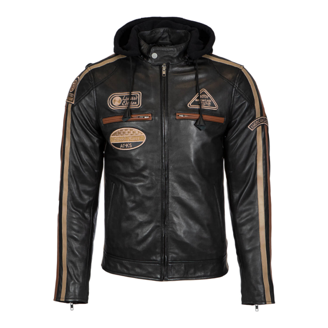 Mens leather biker jacket stripes/patches black T20