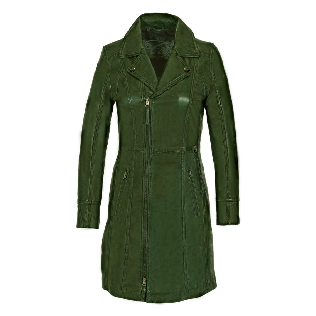 Ladies long leather jacket green ladycoat