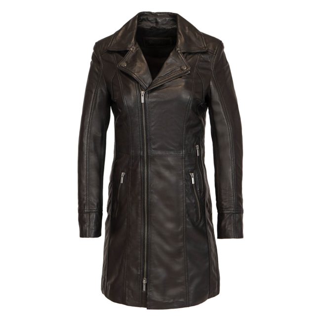 Ladies long leather jacket black ladycoat