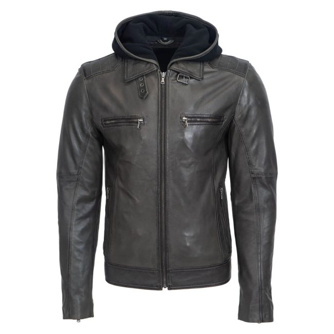 Men's hood leather jacket charcoal 9932