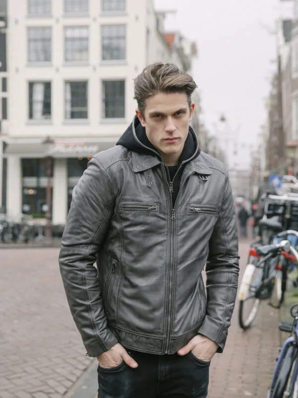 Men's hood leather jacket charcoal 9932