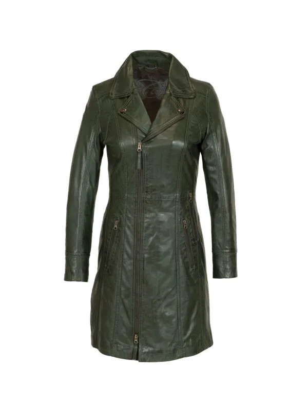 Ladies long leather jacket green Lady coat