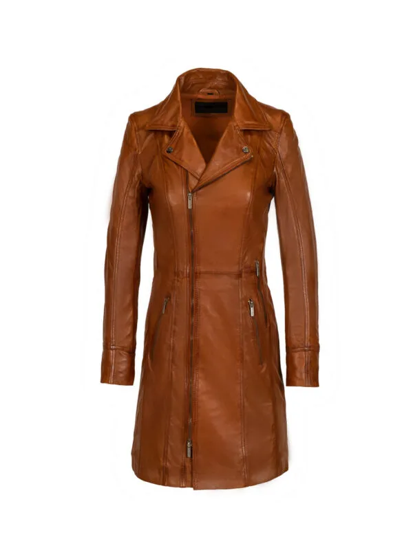 Ladies long leather jacket brandy Lady coat