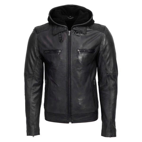 Men's hood leather jacket black 9932