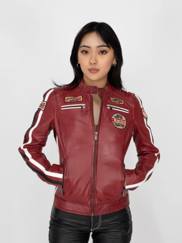 Ladies leather biker jacket red Lady T 24