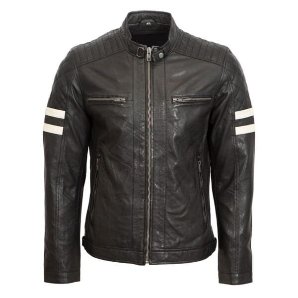 Men's leather biker jacket black Stripes