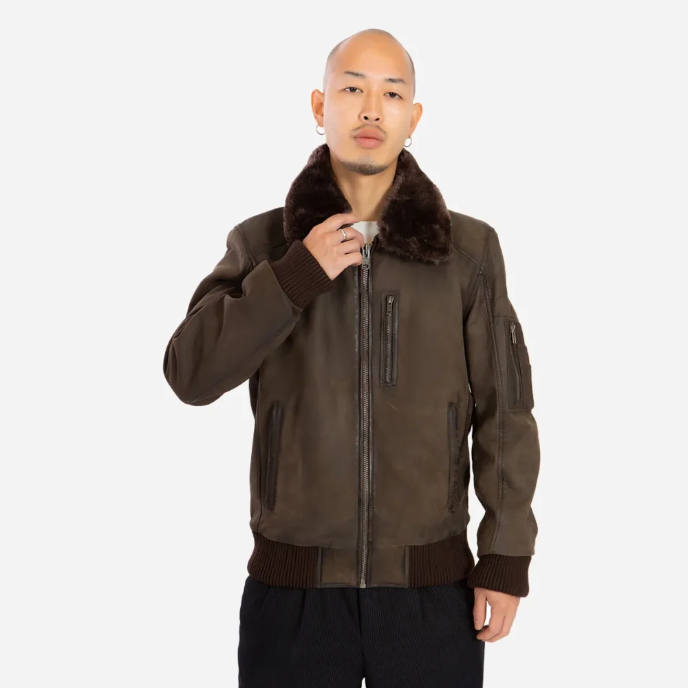 Mens Leather Lamb stonewash dark brown Bomber