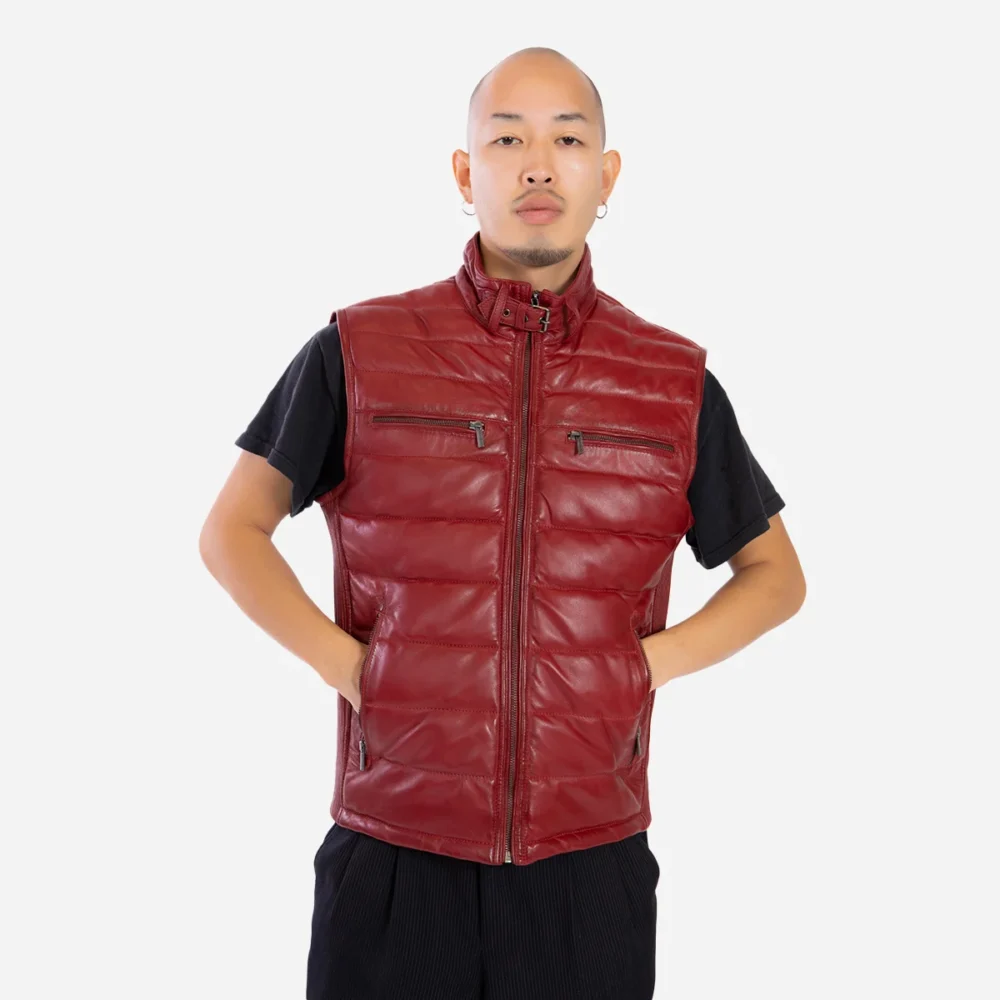 Mens leather puffer red bodywarmer