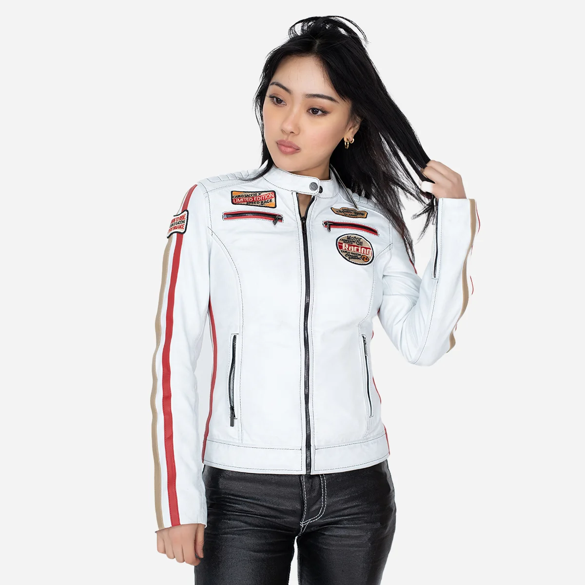 Ladies biker jacket stripes/patches white Lady T