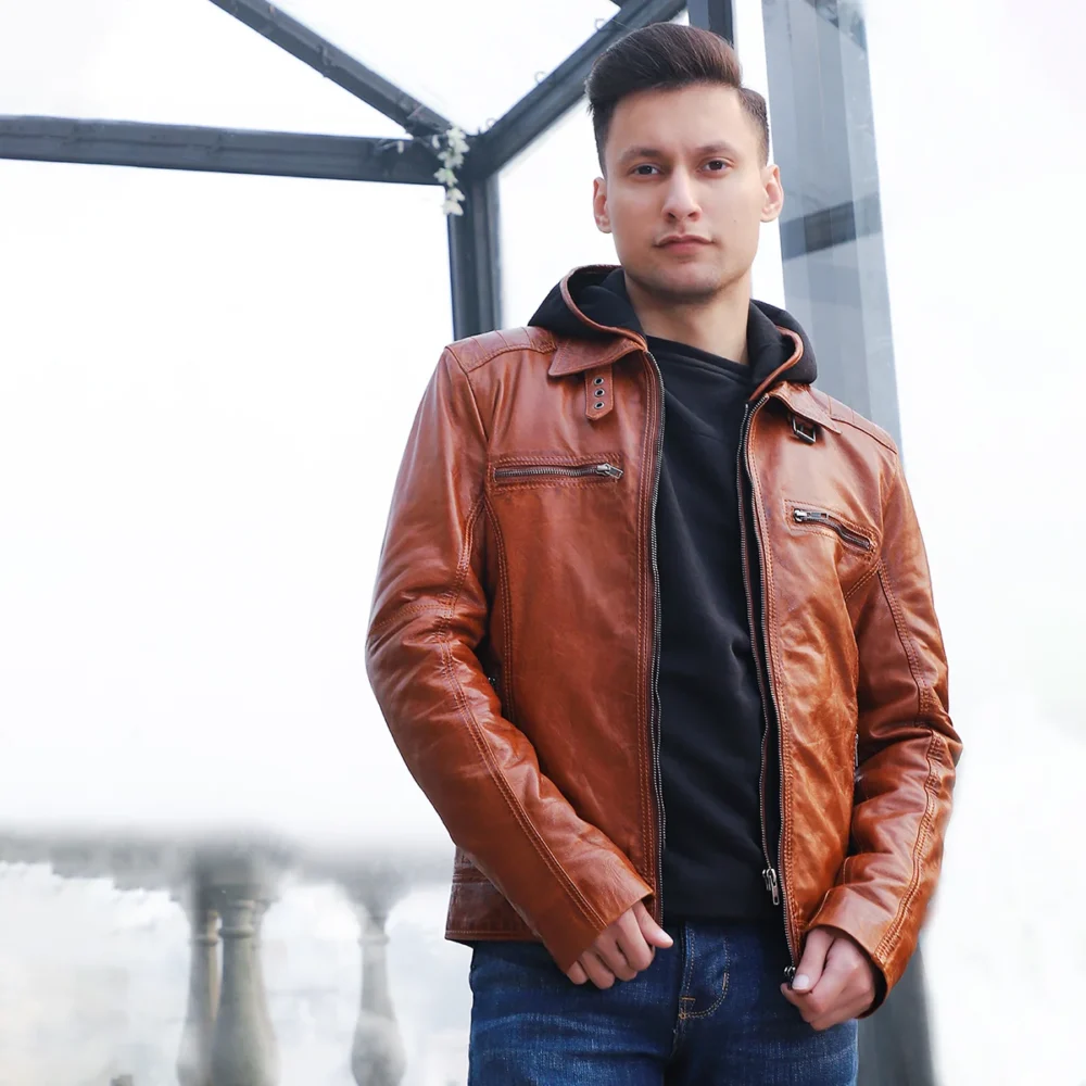 Men's hood leather jacket brandy 9932