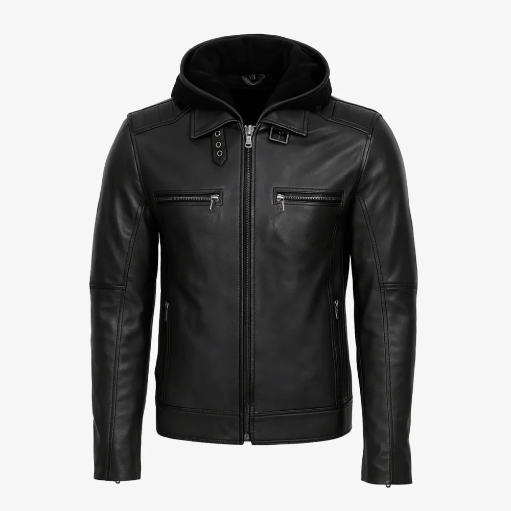 Men's hood leather jacket black 9932