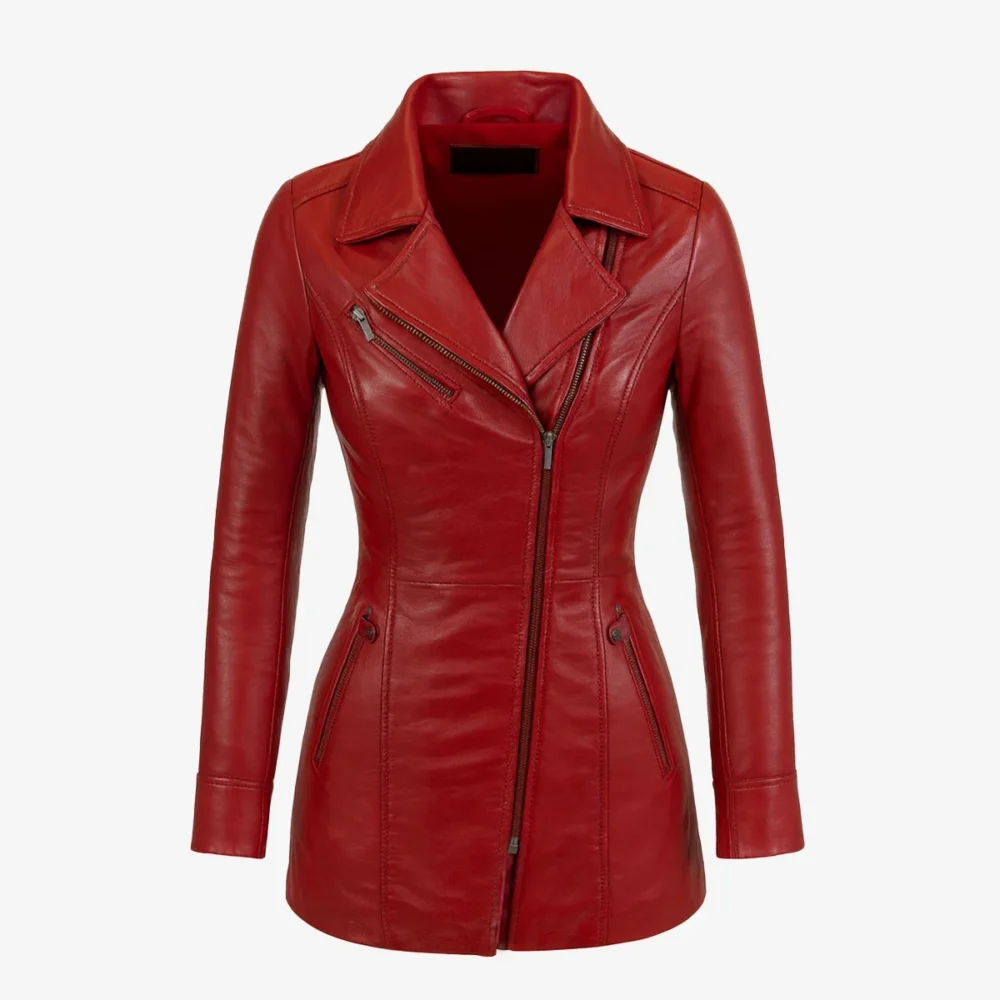Womens leather half long jacket red Sofia