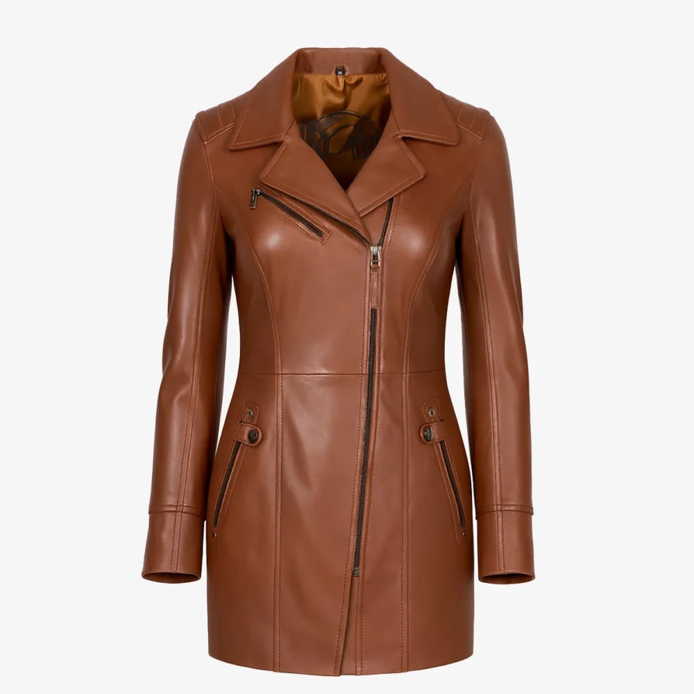 Womens leather half long jacket brandy Sofia