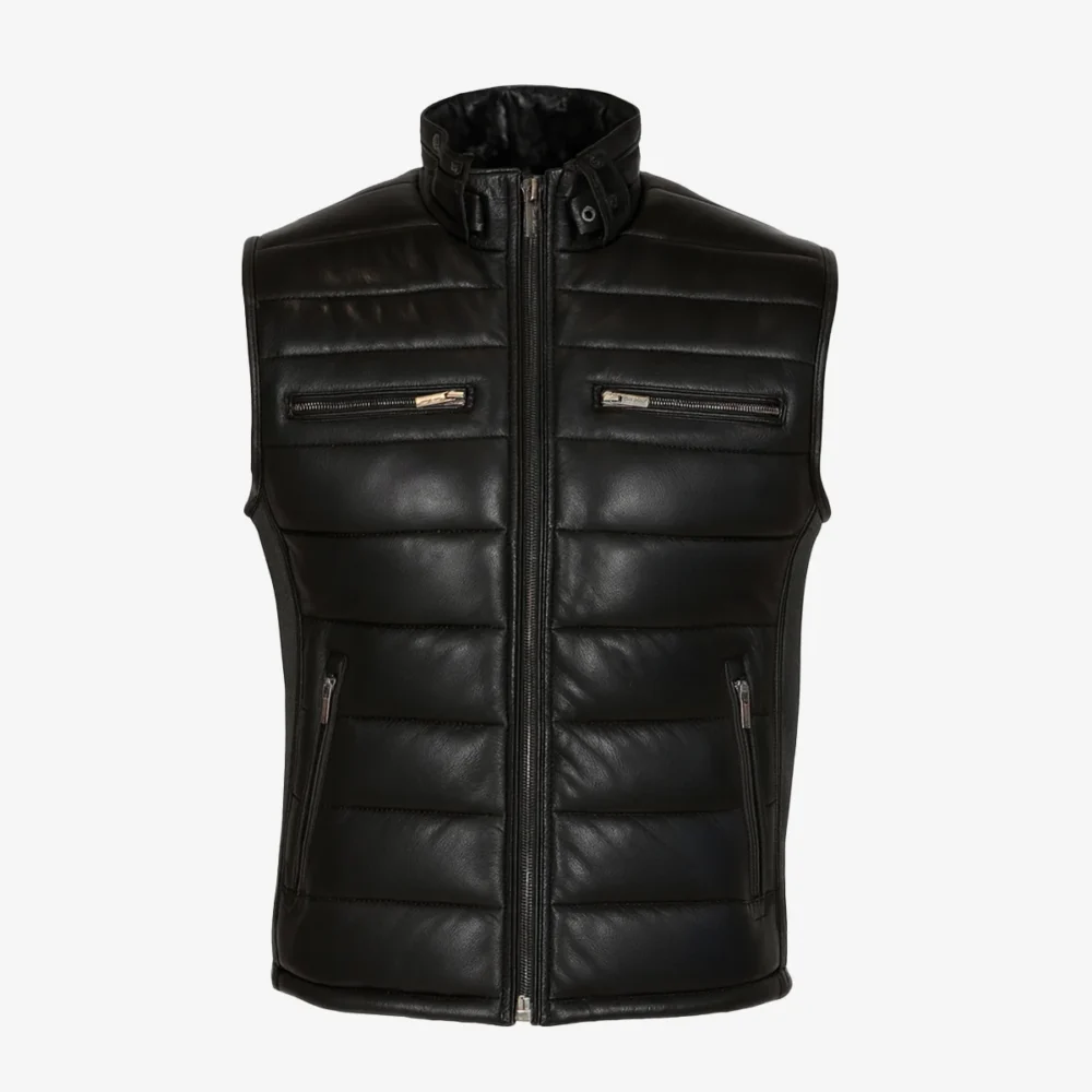 Mens leather puffer black bodywarmer
