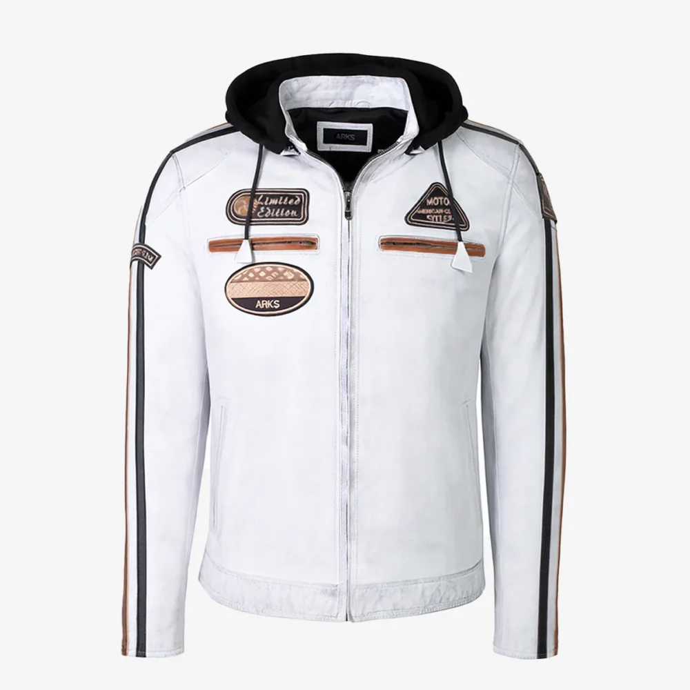 Mens leather biker jacket stripes/patches whiteT20