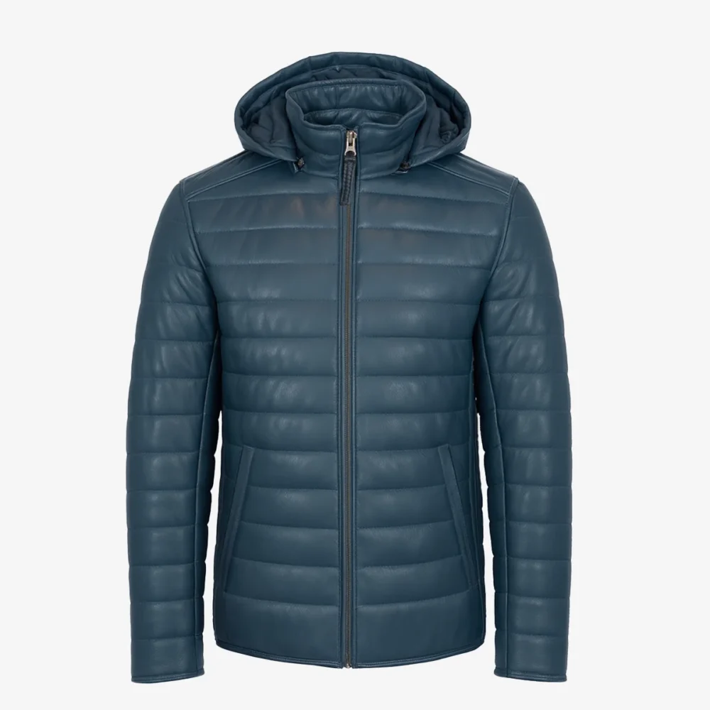 Mens leather puffer jacket jeans blue Basicmen