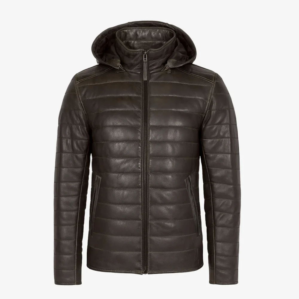 Mens leather puffer jacket charcoal Basicmen