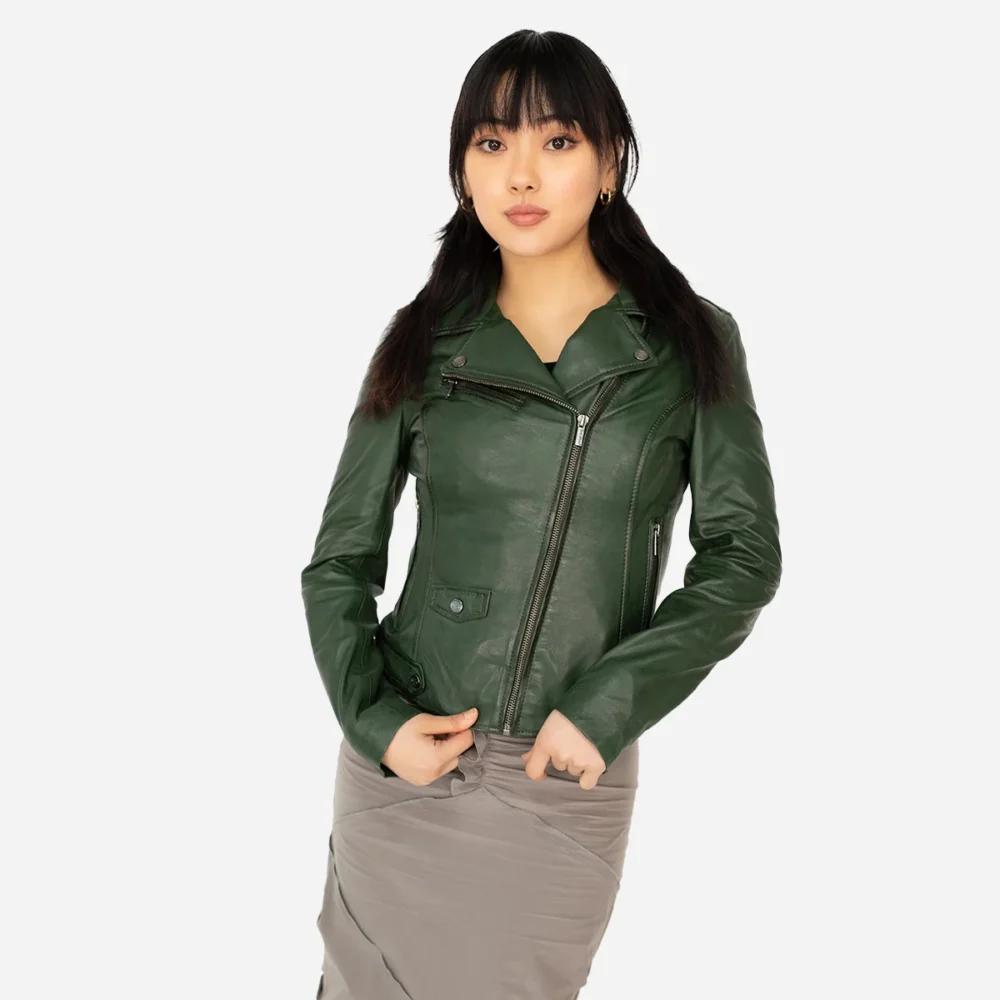 Ladies leather biker jacket green classic Perfecto