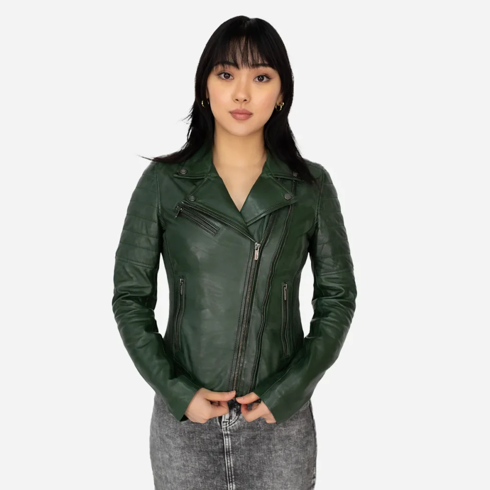 Ladies leather biker jacket green Perfecto BS