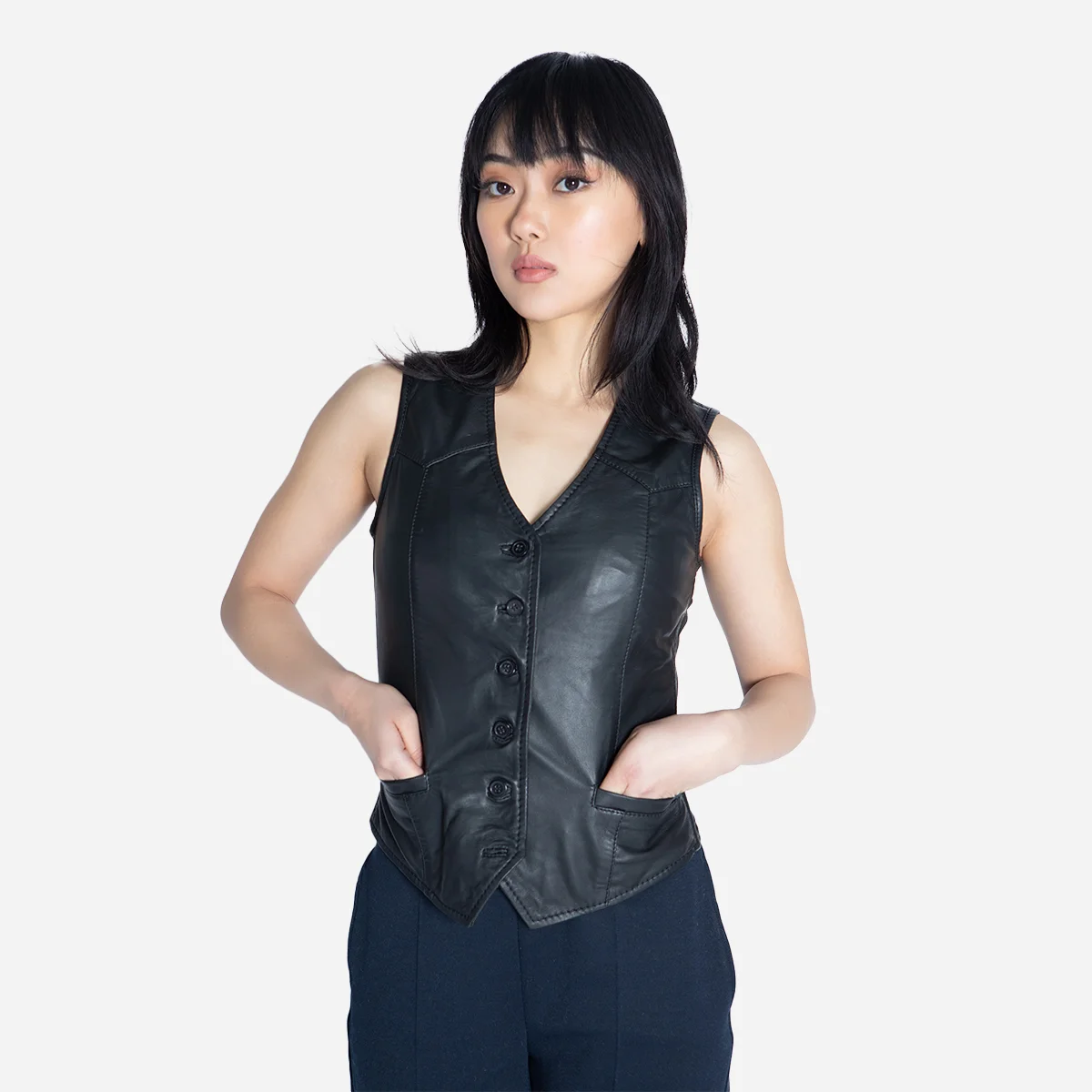 Women leather vest black Lady waistcoat