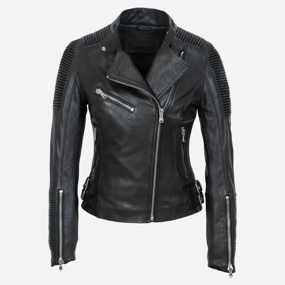 Ladies leather biker jacket black Aqb