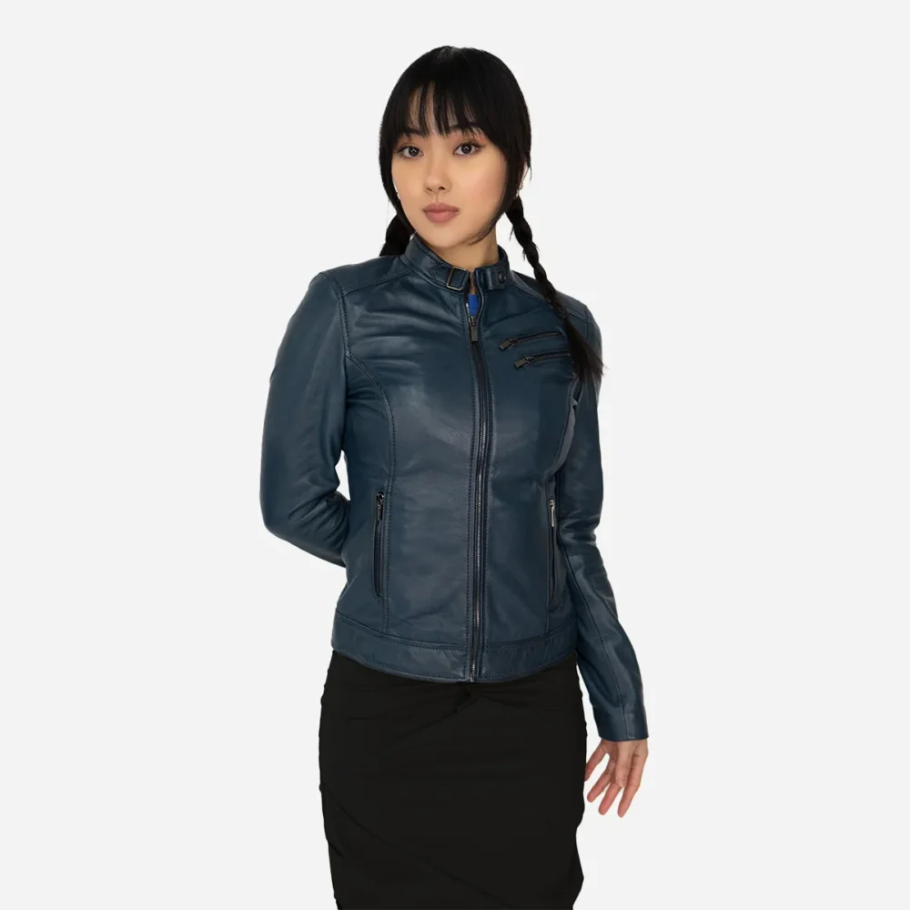 Womens leather jacket jeans blue Sonia K