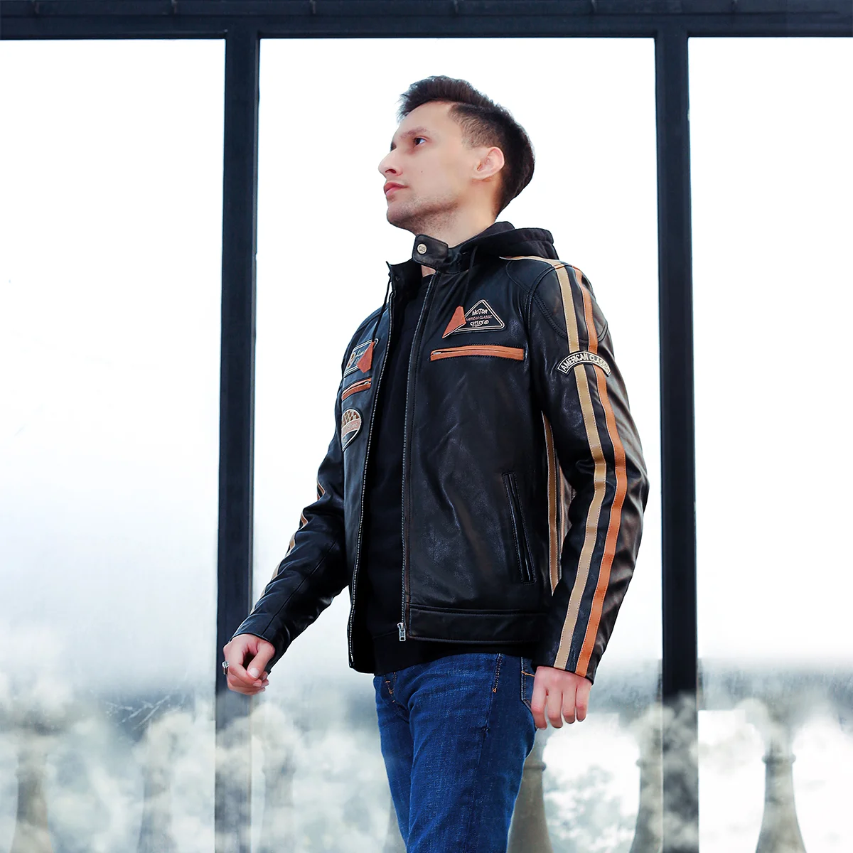 Mens leather biker jacket stripes/patches black T20