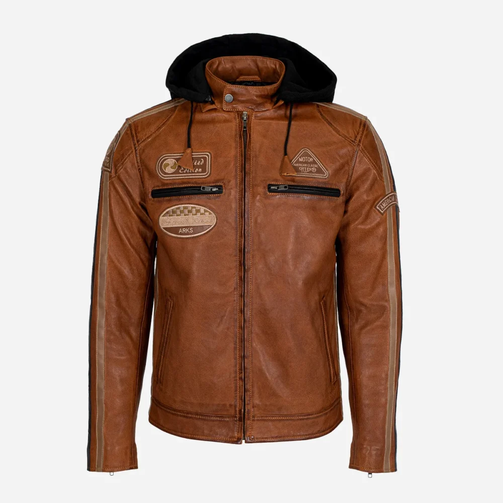 Mens leather biker jacket stripes/patches brandy T20