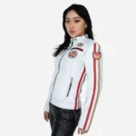 Ladies biker jacket stripes/patches white Lady T