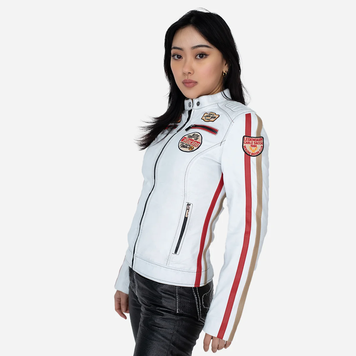 Ladies biker jacket stripes/patches white Lady T - Image 2