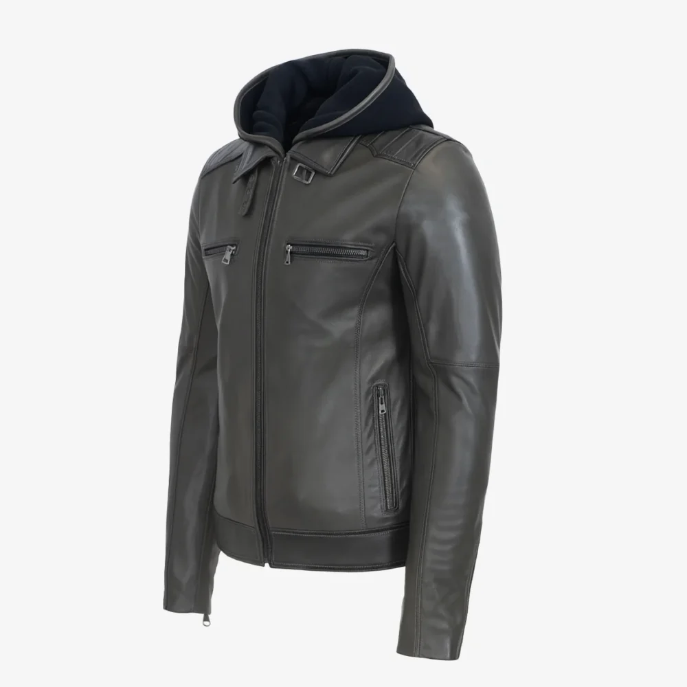 Men's hood leather jacket charcoal 9932