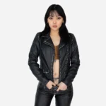 Ladies leather biker jacket black Perfecto studs