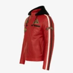 Mens leather biker jacket stripes/patches red T20