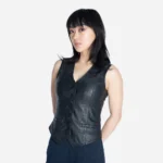 Women leather vest black Lady waistcoat