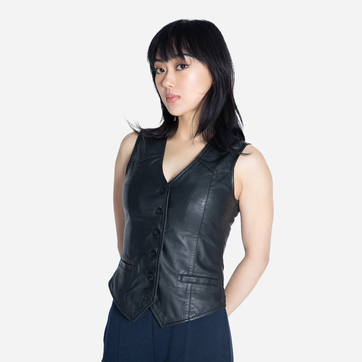 Women leather vest black Lady waistcoat - Image 2