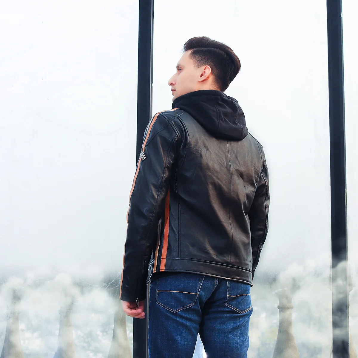 Mens leather biker jacket stripes/patches black T20 - Image 2