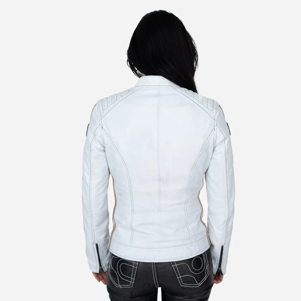 Ladies biker jacket stripes/patches white Lady T - Image 3