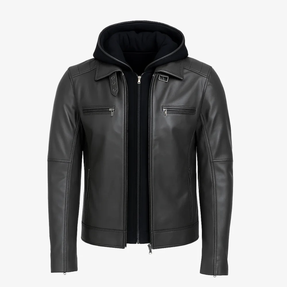 Men's hood leather jacket charcoal 9932