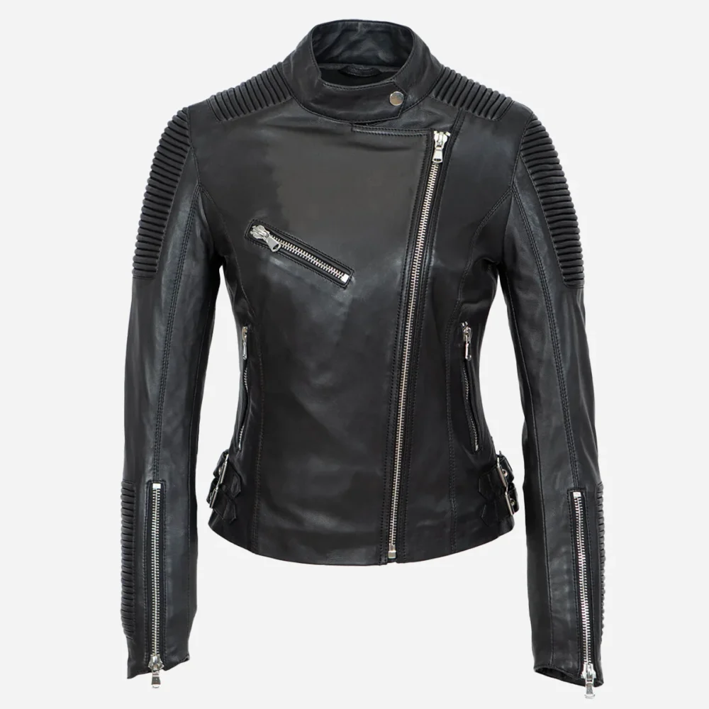 Ladies leather biker jacket black Aqb