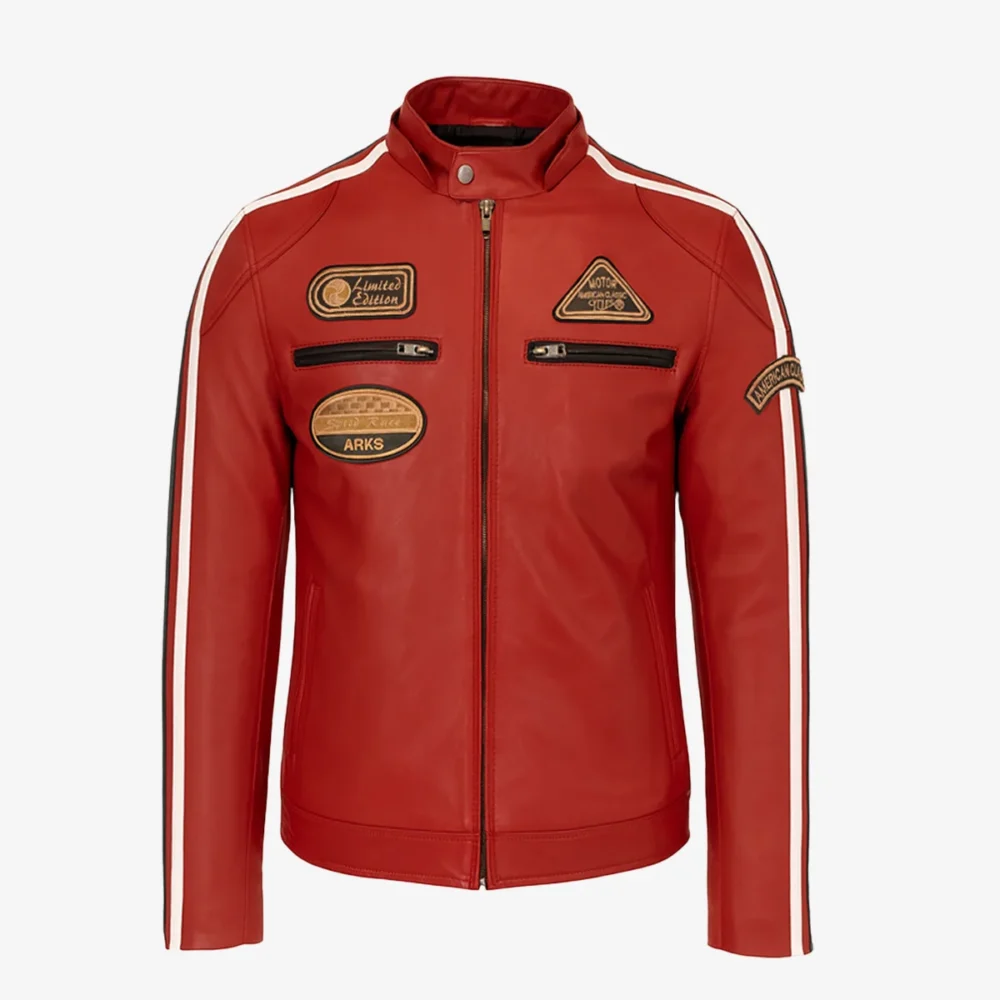 Mens leather biker jacket stripes/patches red T20