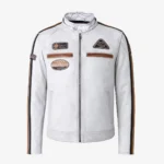Mens leather biker jacket stripes/patches whiteT20
