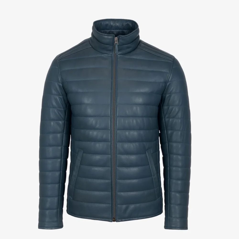 Mens leather puffer jacket jeans blue Basicmen