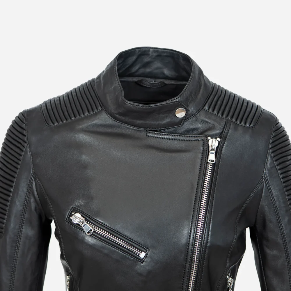 Ladies leather biker jacket black Aqb