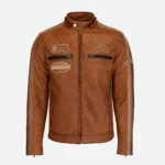 Mens leather biker jacket stripes/patches brandy T20