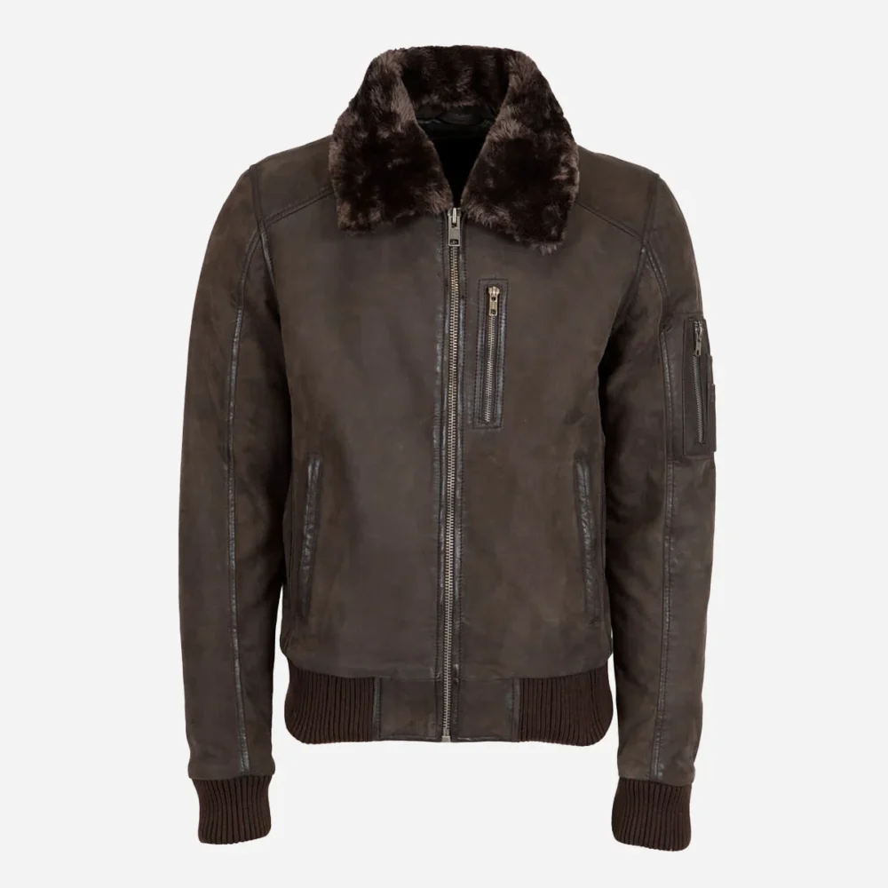 Mens Leather Lamb stonewash dark brown Bomber