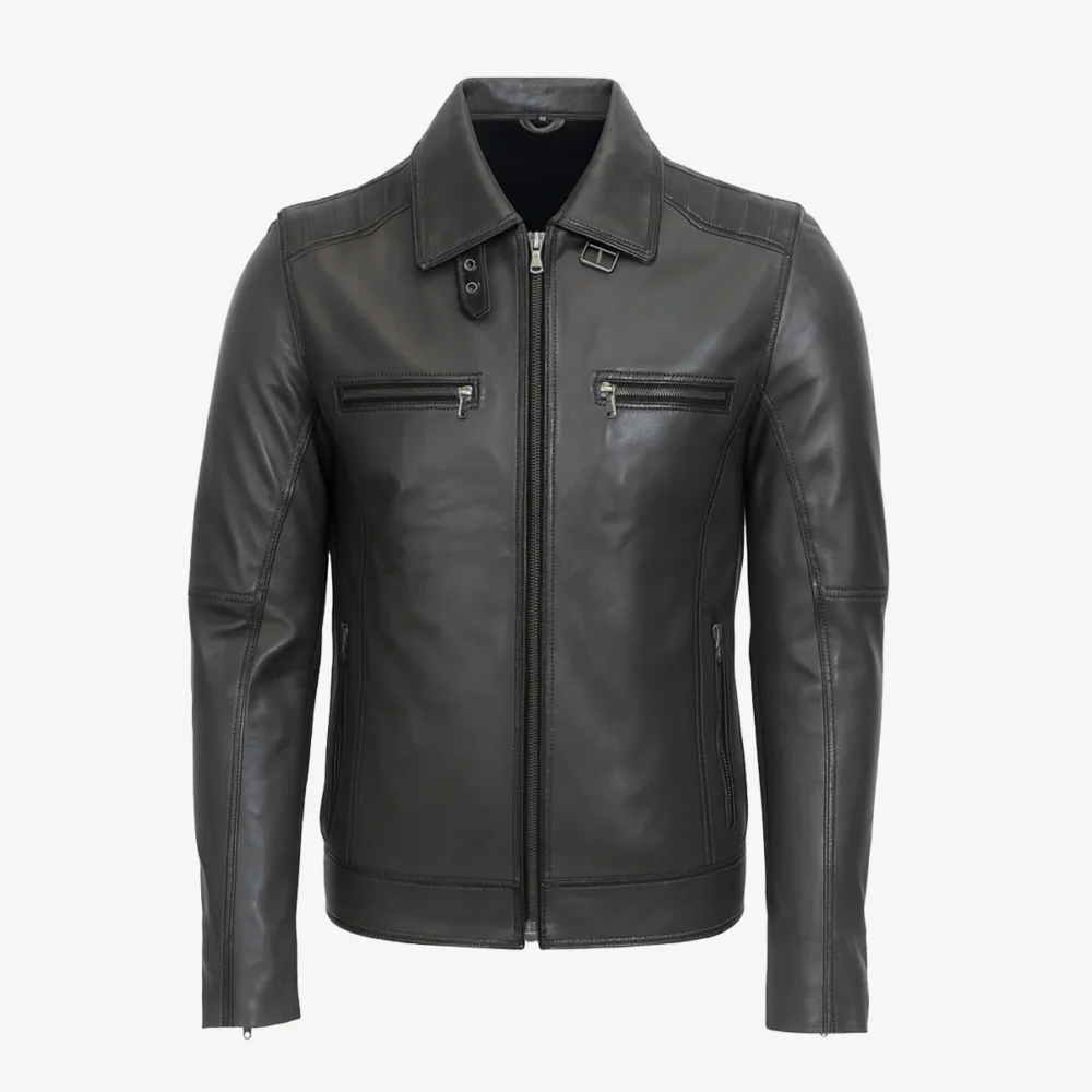 Men's hood leather jacket charcoal 9932