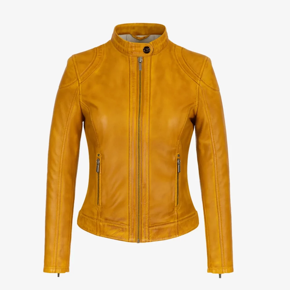 Womens warm leather hood jacket yellow GP