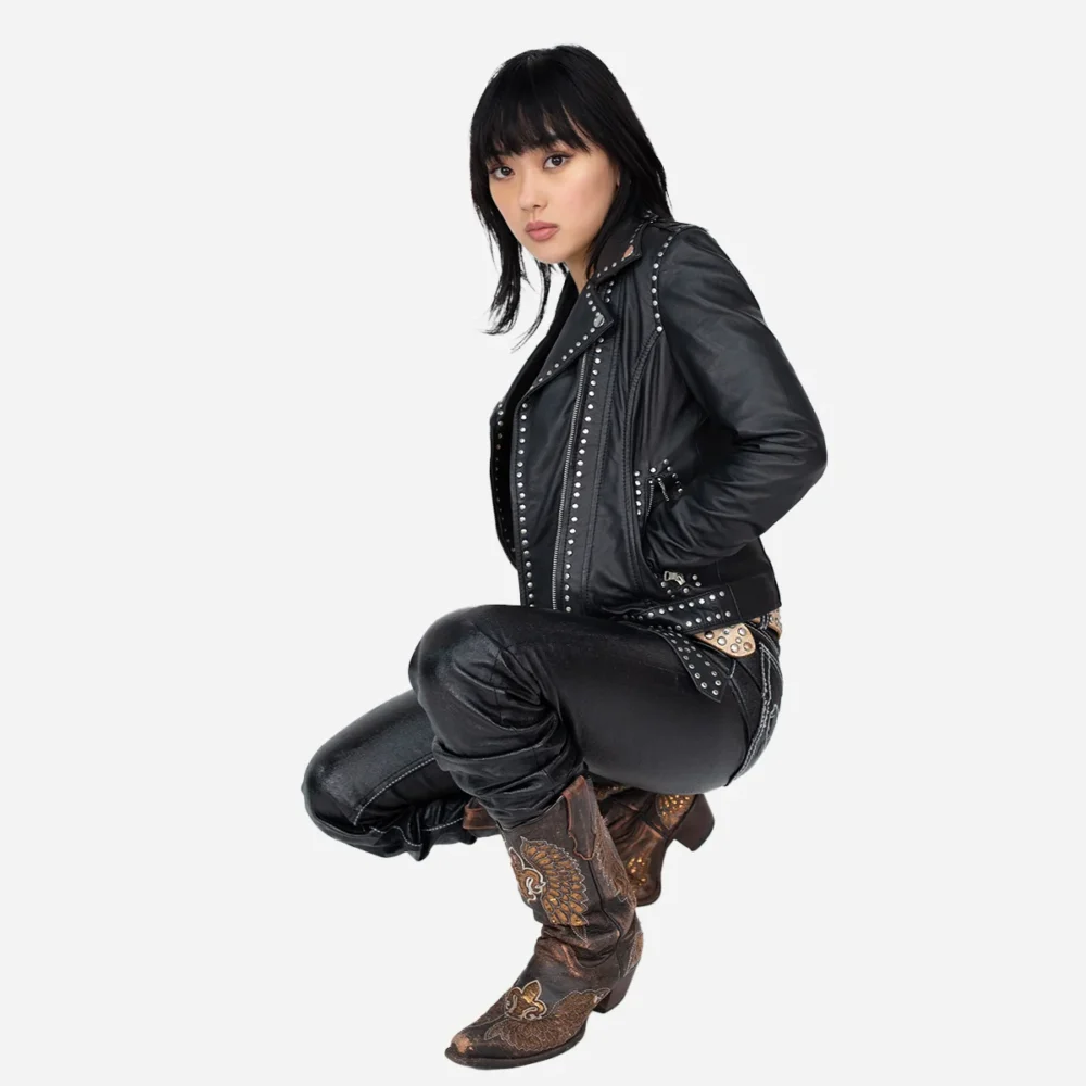 Ladies leather biker jacket black Perfecto studs