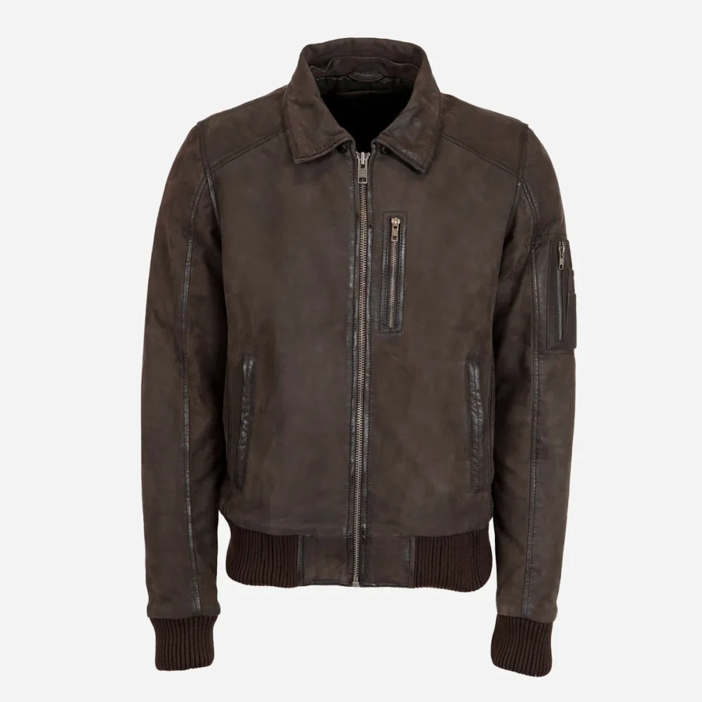 Mens Leather Lamb stonewash dark brown Bomber